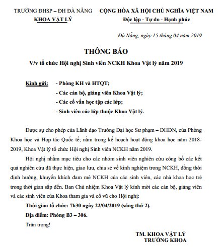 [TB] V/v tổ chức Hội nghị Sinh viên NCKH Khoa Vật lý năm 2019